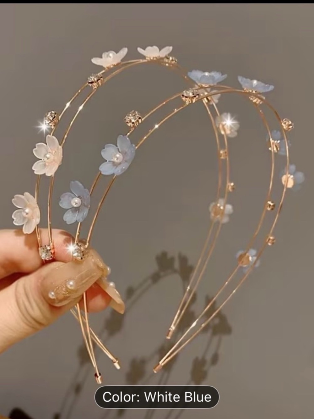 Delicate White & Blue Floral Wire Headband - Elegant Women’s Accessory 5.12”